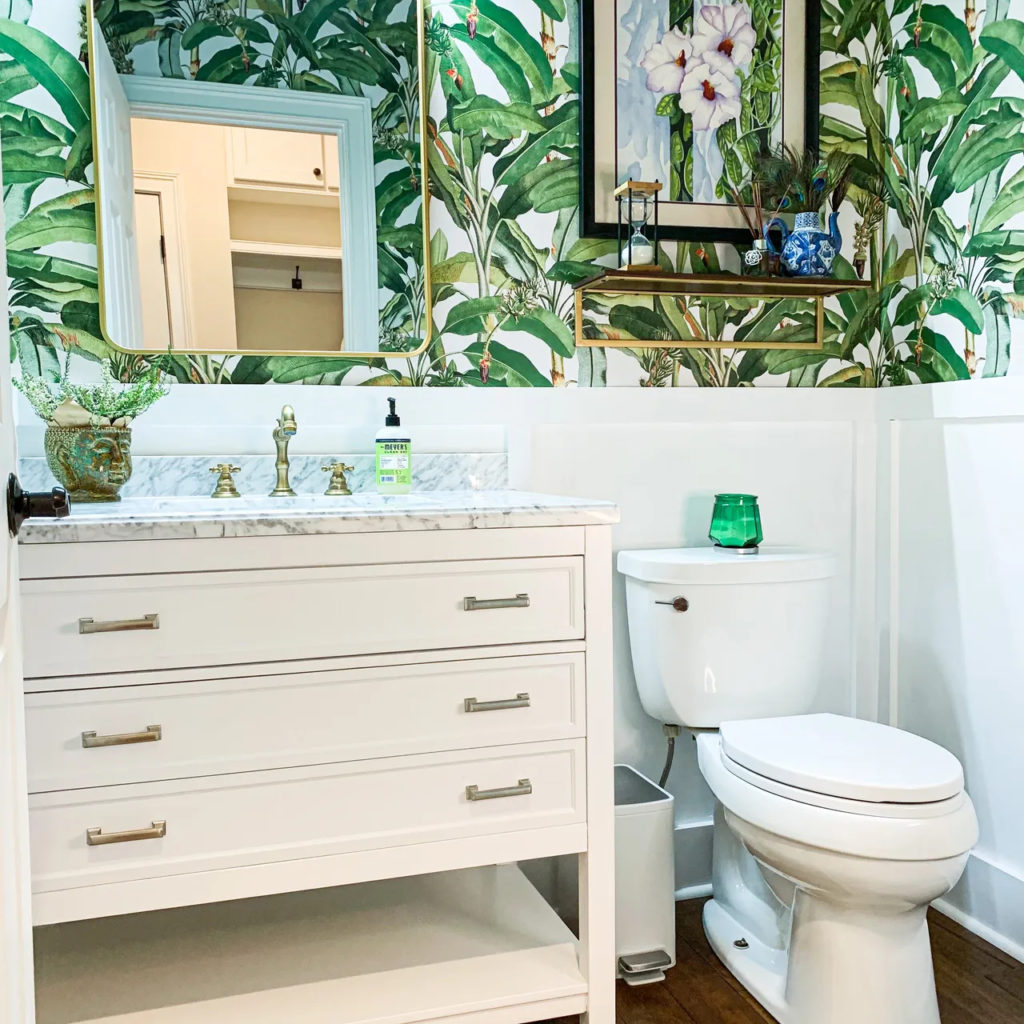 Photo of completed Banana Leaf Wallpapered Powder Room