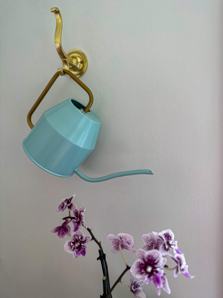 Ornate coat hanger used to hold blue and gold watering can