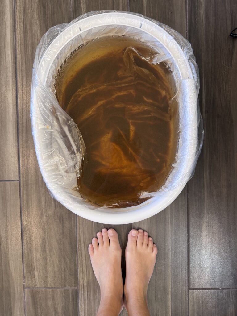 Photo of Ionic Foot Bath Water that is brown after soaking for 30 minutes.